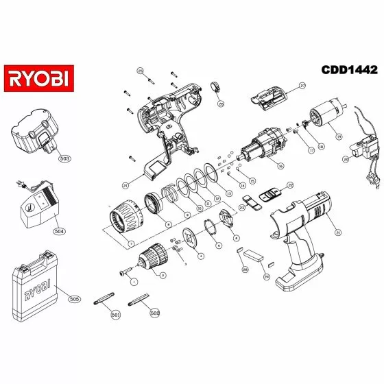 Ryobi CDD1442 Spare Parts List Type: 1000019026